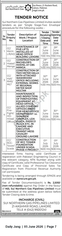 Newspaper clipping: SNGPL Tender Notice – Multiple Works (Lahore, Multan) – June/July 2026, Jang, 05 Jun 2026