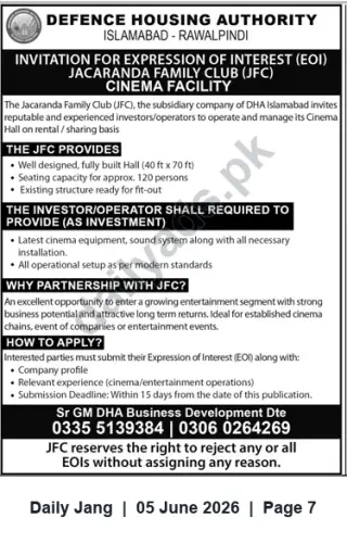 Newspaper clipping: DHA Islamabad–Rawalpindi Invites EOI for Jacaranda Family Club Cinema Operator, Jang, 05 Jun 2026