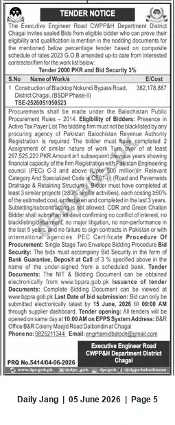 Newspaper clipping: Tender: Construction of Nokkundi Bypass Road (BSOP Phase-II) — District Chagai, Jang, 05 Jun 2026