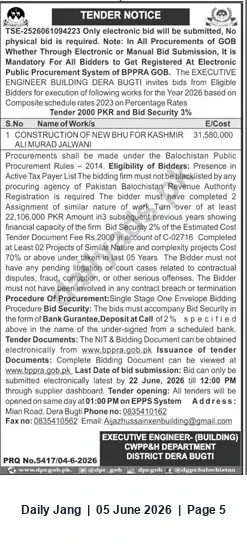Newspaper clipping: Tender: Construction of New BHU at Kashmir Ali Murad Jalwani — Executive Engineer (Building), Dera Bugti, Jang, 05 Jun 2026