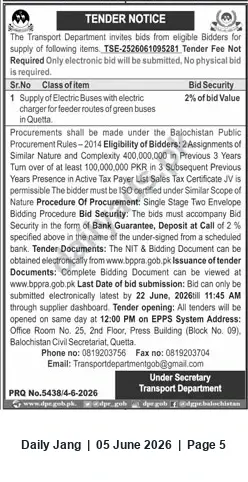 Newspaper clipping: Tender: Supply of Electric Buses with Chargers for Quetta Feeder Routes, Jang, 05 Jun 2026