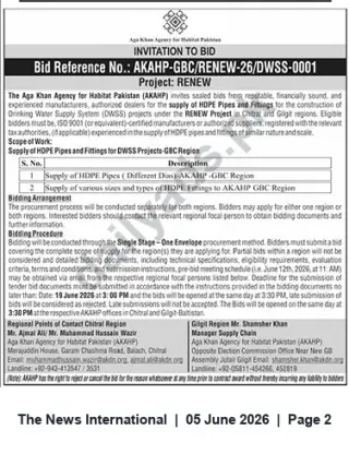 Newspaper clipping: AKAHP Invitation to Bid – Supply of HDPE/HOPE Pipes & Fittings for RENEW DWSS Projects (Chitral & Gilgit-Baltistan), The News International, 05 Jun 2026
