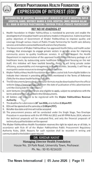 Newspaper clipping: EOI: Outsourcing Hospital Management Services — Khyber Pakhtunkhwa Health Foundation, The News International, 05 Jun 2026