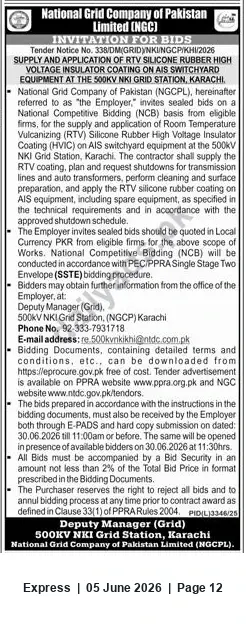 Newspaper clipping: NGCPL Tender: RTV Silicone Rubber Insulator Coating at 500kV NKi Grid Station, Karachi, Express, 05 Jun 2026