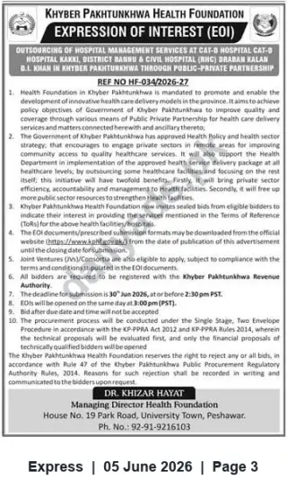 Newspaper clipping: EOI: Outsourcing Hospital Management Services – Bannu & Dera Ismail Khan (Khyber Pakhtunkhwa Health Foundation), Express, 05 Jun 2026