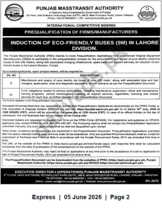 Newspaper clipping: Punjab MassTransit Authority Prequalification: Supply of 9m Eco-Friendly Electric Buses for Lahore Division, Express, 05 Jun 2026