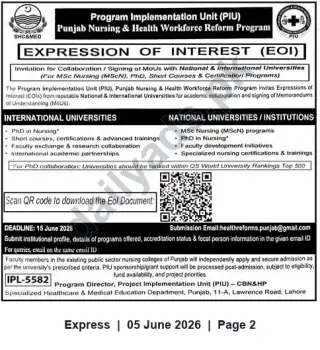 Newspaper clipping: EOI: Collaboration & MoUs with National & International Universities for MSc/PhD, Short Courses & Certifications – Punjab Nursing & Health Workforce Reform, Express, 05 Jun 2026