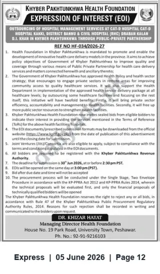 Newspaper clipping: EOI: Outsourcing Hospital Management Services – Khyber Pakhtunkhwa Health Foundation, Express, 05 Jun 2026
