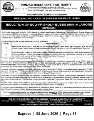 Newspaper clipping: Punjab MassTransit Authority — Prequalification for 9m Eco-Friendly (Pure Electric) Buses for Lahore Division, Express, 05 Jun 2026