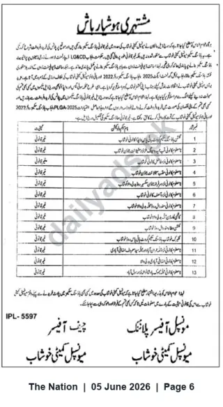 Newspaper clipping: Municipal Committee Khushab — Notice for Allotment/Auction of 13 Municipal Shops/Plots, The Nation, 05 Jun 2026