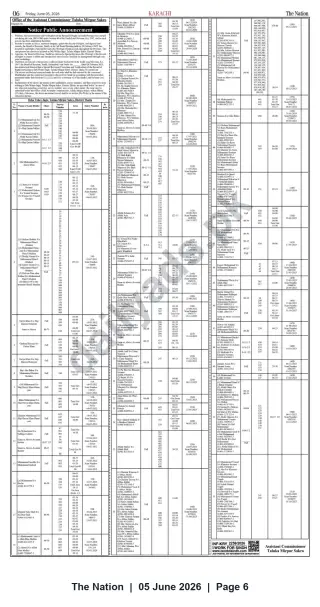 Newspaper clipping: Public Announcement — Record Details for Deh Vaho Jagir, Taluka Mirpur Sakro, The Nation, 05 Jun 2026
