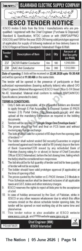 Newspaper clipping: IESCO Tender Notice — Supply of ACSR Rabbit & AAC Conductors (Rate Contract 2025-26), The Nation, 05 Jun 2026