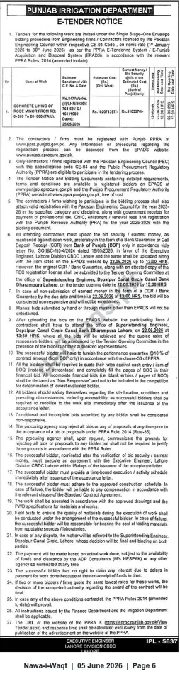 Newspaper clipping: Punjab Irrigation Department E-Tender: Concrete Lining of Rode Minor (0+000 to 20+000) — Lahore Division, Nawa-i-Waqt, 05 Jun 2026