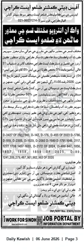 Newspaper clipping: Walk-in Interviews for Persons with Disabilities — Deputy Commissioner (District East), Karachi, Daily Kawish, 06 Jun 2026