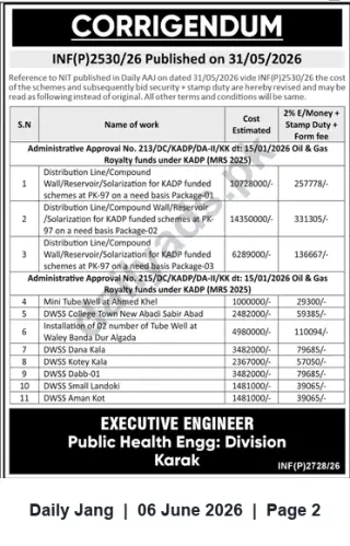 Newspaper clipping: Corrigendum: Revised Tender Costs & Earnest Money — Public Health Engineering Division Karak, Jang, 06 Jun 2026