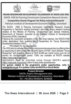 Newspaper clipping: RASTA-PIDE Young Researcher Development Fellowship (YRDI) — Batch IV, 6 Positions (Islamabad), The News International, 06 Jun 2026