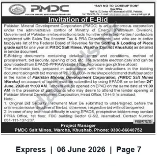 Newspaper clipping: PMDC E-Bid: Sorting & Loading of Piece Grade Salt at Warcha Salt Mines (Khushab), Express, 06 Jun 2026