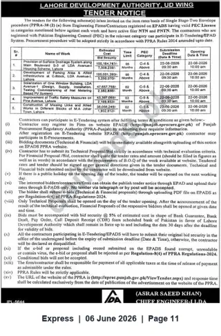 Newspaper clipping: Lahore Development Authority (UD Wing) – Tender Notice for Multiple Development Works (Closing 2026-06-22), Express, 06 Jun 2026