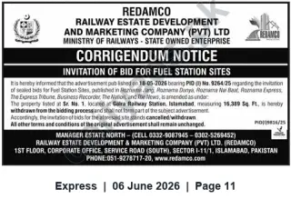 Newspaper clipping: Corrigendum: Invitation of Bids for Fuel Station Sites — Golra Railway Station Site Withdrawn, Express, 06 Jun 2026