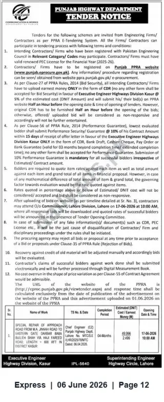 Newspaper clipping: Punjab Highway Department Tender: Special Repair of Approach Road — Kasur (Opening 2026-06-17), Express, 06 Jun 2026