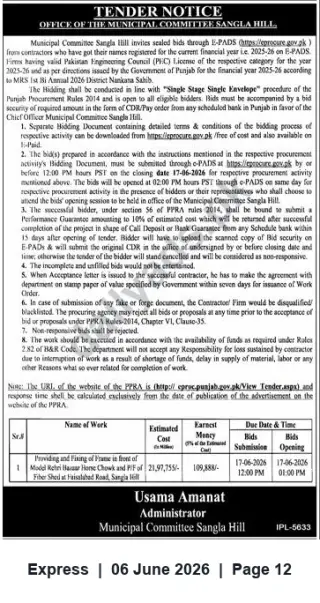 Newspaper clipping: Tender: Provision & Fixing of Frame and Fiber Sheet — Municipal Committee Sangla Hill, Express, 06 Jun 2026