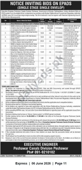 Newspaper clipping: Peshawar Canals Division — Notice Inviting Bids (EPADs) for Annual Maintenance & Repair Works 2026-27, Express, 06 Jun 2026