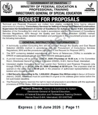 Newspaper clipping: RFP: Consultancy for Design Vetting & Detailed Supervision — Center of Excellence for Autism, H-8/4 Islamabad, Express, 06 Jun 2026