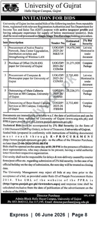 Newspaper clipping: University of Gujrat Invitation for Bids – IT Upgrades, Paper Supply & Cafeteria/Hostel Services (Deadline 2026-06-23), Express, 06 Jun 2026