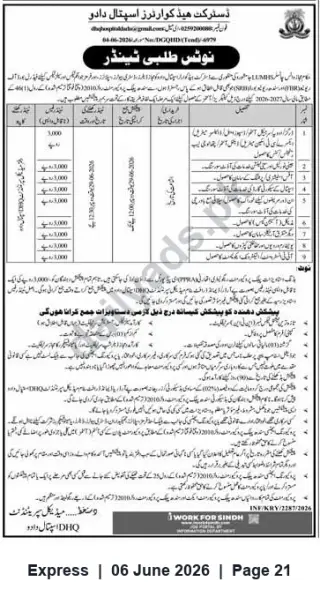 Newspaper clipping: Contract Vacancies at DHQ Hospital Dadu – Honorarium Posts (Sindh), Express, 06 Jun 2026