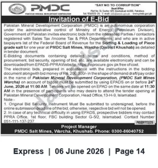 Newspaper clipping: PMDC E-Bid: Sorting & Loading of Piece-Grade Salt at Warcha Salt Mines (Khushab) – 2026, Express, 06 Jun 2026