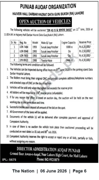 Newspaper clipping: Punjab Auqaf Organization Open Auction of Vehicles at Data Darbar, Lahore – 22 June 2026, The Nation, 06 Jun 2026