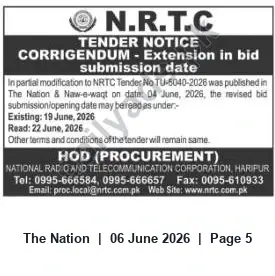 Newspaper clipping: NRTC Tender TU-5040-2026 — Bid Submission Date Extended to 2026-06-22, The Nation, 06 Jun 2026