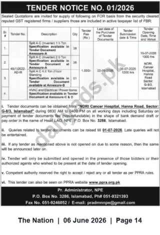 Newspaper clipping: NORI Cancer Hospital Tender Notice No. 01/2026 — Supply of Split ACs and HVAC/Electrical Items, The Nation, 06 Jun 2026