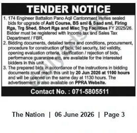 Newspaper clipping: Tender: Upgrade of Assault Course, Ranges and Training Facilities — 174 Engineer Battalion, Pano Aqil, The Nation, 06 Jun 2026