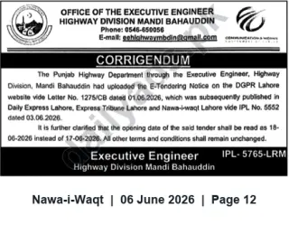 Newspaper clipping: Corrigendum: Tender Opening Date Revised to 2026-06-18 — Highway Division Mandi Bahauddin, Nawa-i-Waqt, 06 Jun 2026