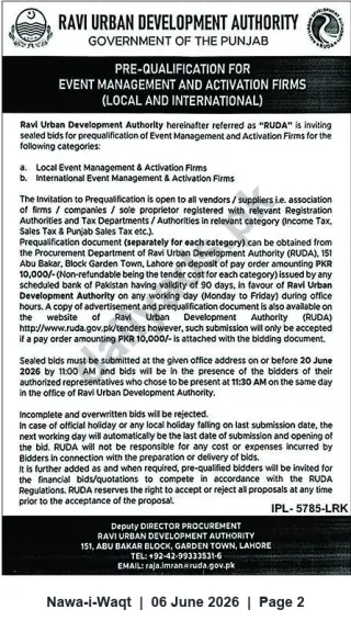 Newspaper clipping: RUDA Pre-Qualification: Event Management & Activation Firms (Local & International) - Lahore, Nawa-i-Waqt, 06 Jun 2026