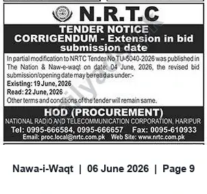 Newspaper clipping: NRTC Tender TU-5040-2026 — Bid Submission Extended to 22 June 2026, Nawa-i-Waqt, 06 Jun 2026