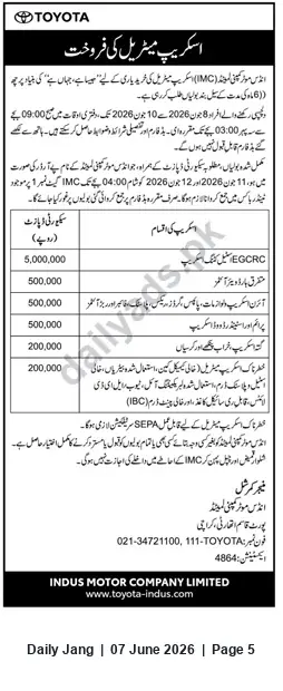Newspaper clipping: Indus Motor Company (Toyota) — Sale of Scrap Material (Sealed Bids), Jang, 07 Jun 2026