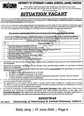 Newspaper clipping: UVAS Lahore – Contract Vacancies for Project Staff at Pattoki Campus (June 2026), Jang, 07 Jun 2026