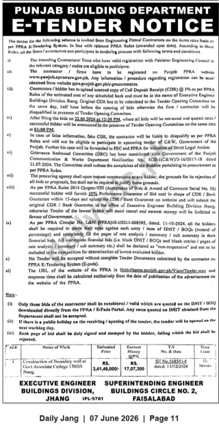 Newspaper clipping: Punjab Building Department E-Tender: Boundary Wall Construction at Govt. Associate College, Jhang, Jang, 07 Jun 2026