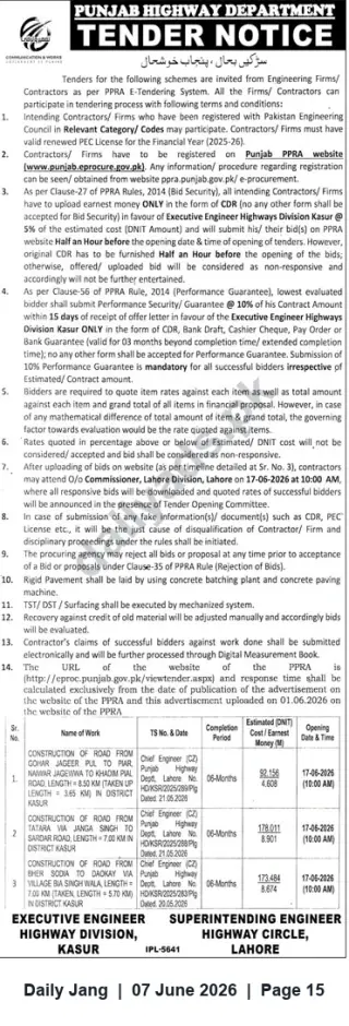 Newspaper clipping: Punjab Highways Department Tender Notice — Road Works in Kasur (Opening 2026-06-17), Jang, 07 Jun 2026