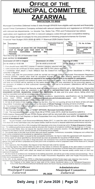 Newspaper clipping: Municipal Committee Zafarwal Invitation to Bid – Construction of Street Link to Nangli Gate Road, Jang, 07 Jun 2026
