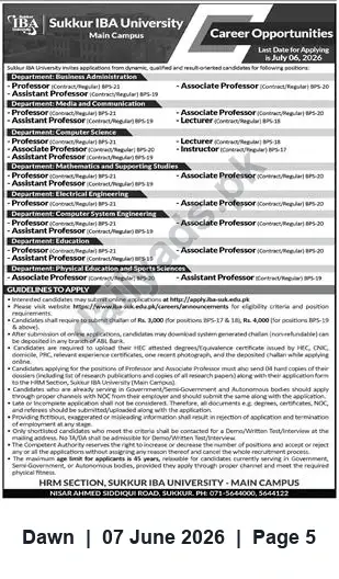 Newspaper clipping: Sukkur IBA University Faculty Vacancies — Apply by 2026-07-06, Dawn, 07 Jun 2026