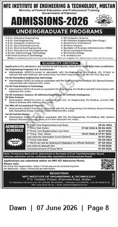 Newspaper clipping: NFC Institute of Engineering & Technology Multan — Undergraduate Admissions 2026, Dawn, 07 Jun 2026