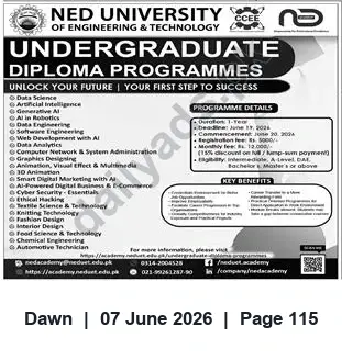 Newspaper clipping: NED University Undergraduate Diploma Programmes — Data Science, AI, Cybersecurity & More, Dawn, 07 Jun 2026