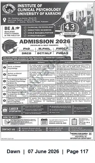 Newspaper clipping: Admissions 2026 — Institute of Clinical Psychology, University of Karachi (Regular & Self‑Finance), Dawn, 07 Jun 2026