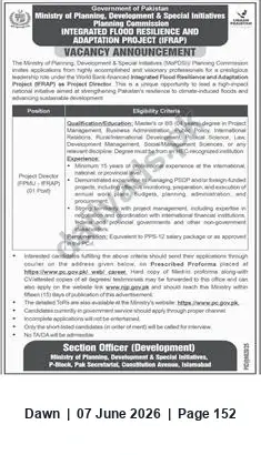 Newspaper clipping: Vacancy: Project Management Position — Integrated Flood Resilience and Adaptation Project (IFRAP), Dawn, 07 Jun 2026
