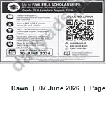 Newspaper clipping: Five Full Scholarships – Deadline 30 June 2024, Dawn, 07 Jun 2026