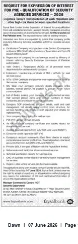 Newspaper clipping: Request for Expression of Interest: Pre-Qualification of Security Agencies Services 2026 — Faysal Bank, Dawn, 07 Jun 2026
