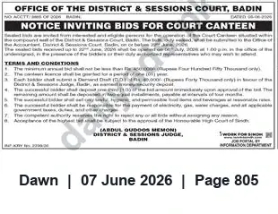 Newspaper clipping: Tender: Court Canteen Lease — District & Sessions Court Badin, Dawn, 07 Jun 2026